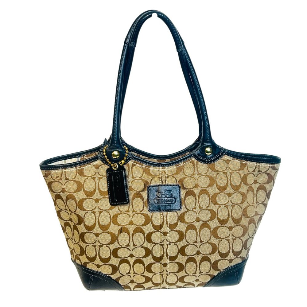 Coach Signature Canvas Shoulder Bag - Tan and Black